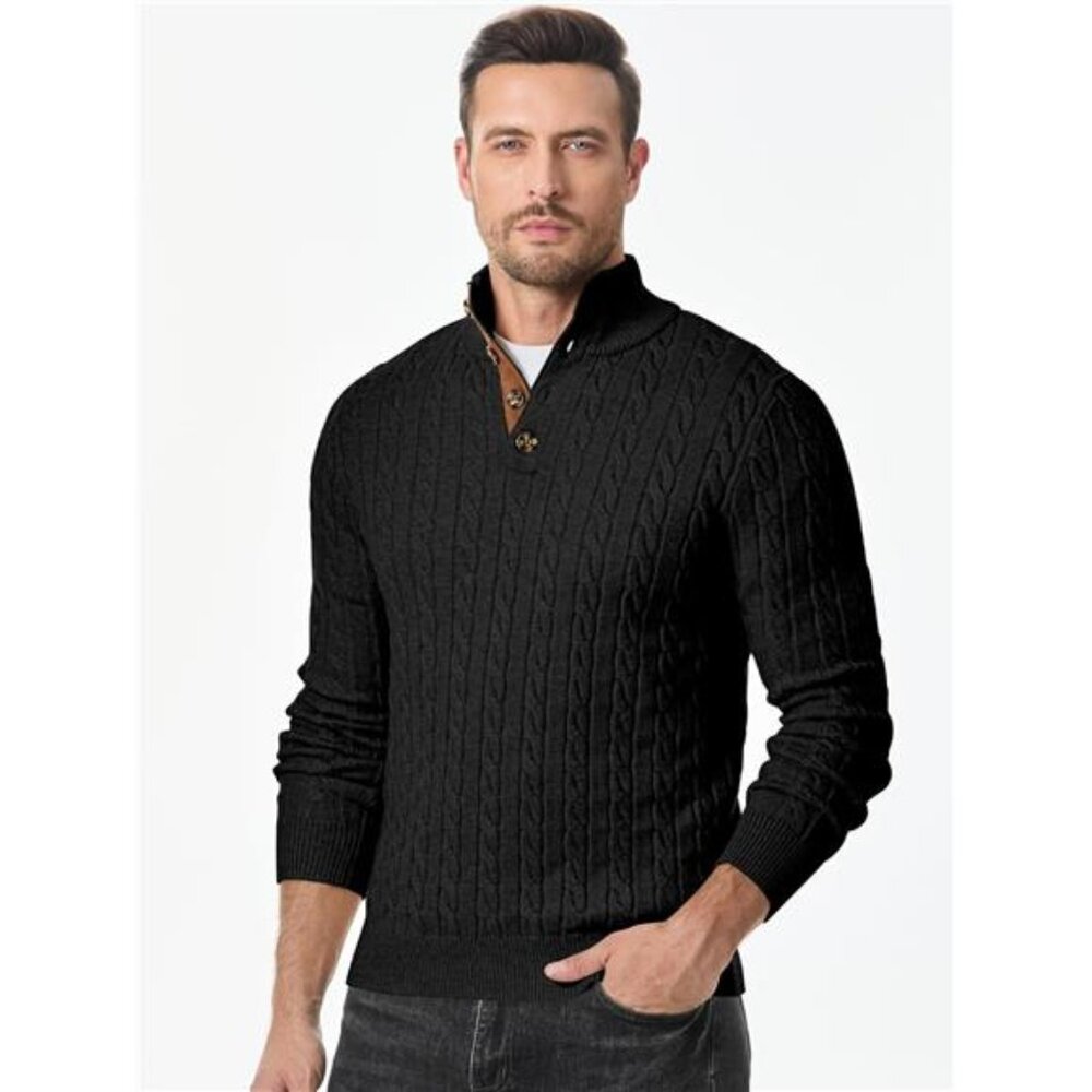 Men's Cable Knit Pullover Sweater Casual Stand Collar Button Knitted - Picture 6 of 7